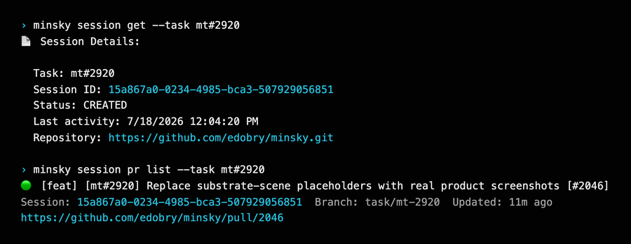 Real CLI output: this task's own session lifecycle, from session get through PR creation