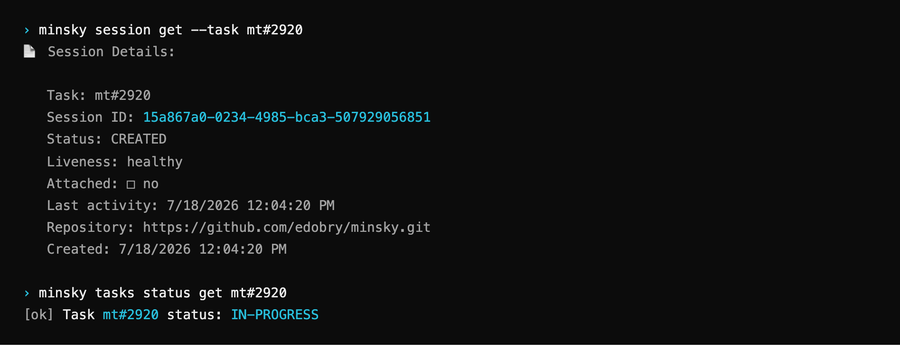 Real CLI output: minsky session get / tasks status get for mt#2920